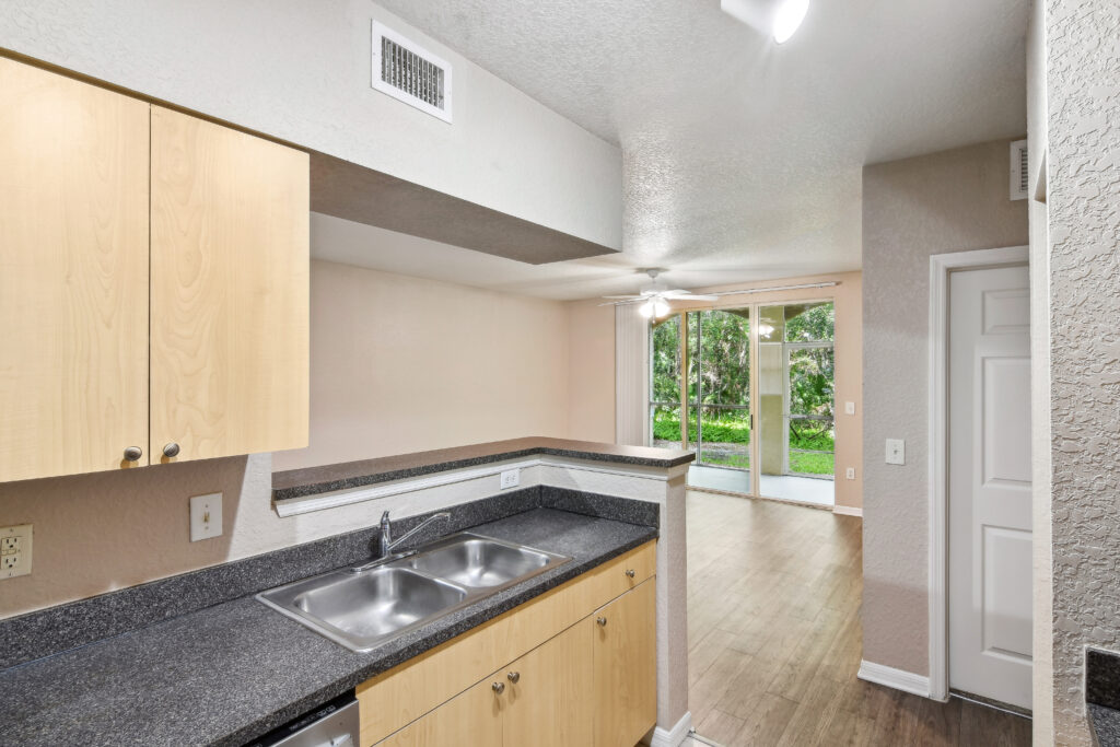 a apartment kitchen and living room