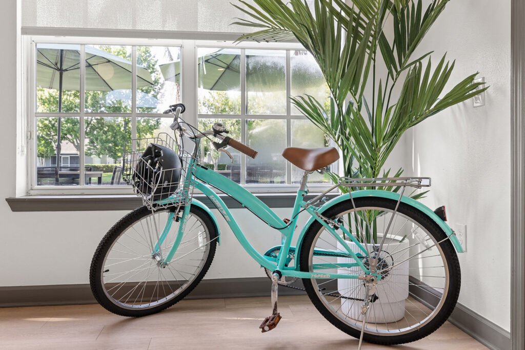 A turquoise bicycle with a brown seat and a front basket holding a black helmet is parked indoors next to a large potted plant by a window with outdoor greenery visible.