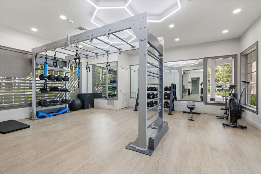 A modern gym with light wood floors, featuring a large metal workout station, free weights, exercise balls, kettlebells, a stationary bike, and mirrored walls. Large windows provide ample natural light.