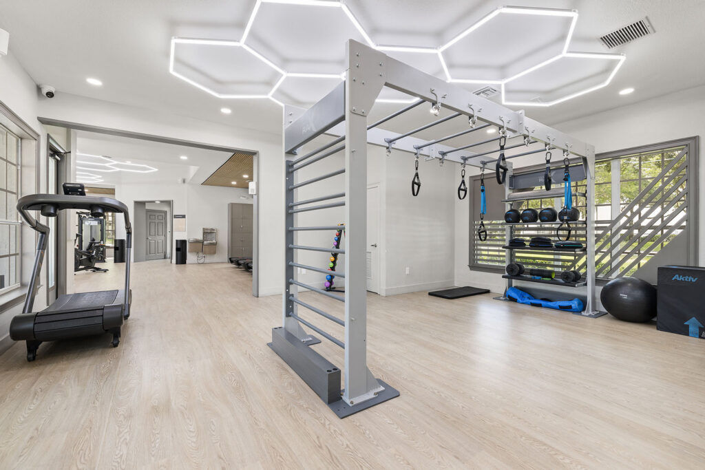 Modern gym with light wood floors, a treadmill, a large metal fitness rig with various attachments, medicine balls, exercise mats, and bright geometric ceiling lights. Large windows let in natural light.