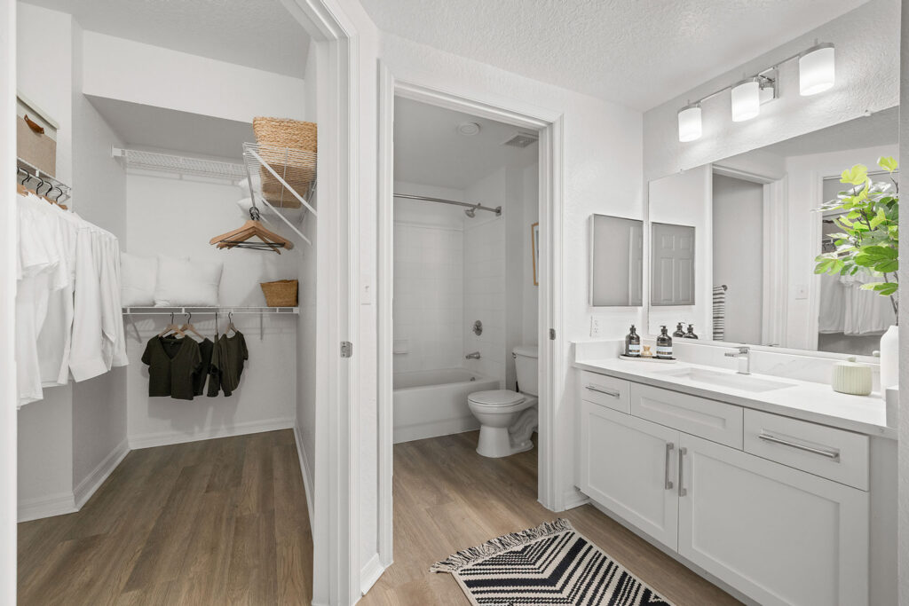 Modern bathroom with white cabinets, a large mirror, and a potted plant on the counter. Adjacent is a walk-in closet with hanging clothes and baskets. The room has wood-style flooring and a geometric rug.